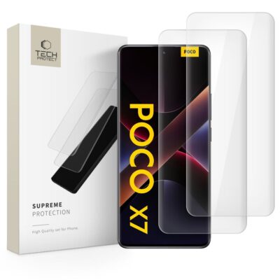 Skaidrus apsauginis stikliukas Xiaomi Redmi Note 14 Pro ir Poco X7 su TECH-PROTECT UV+ apsauga 2 vnt.