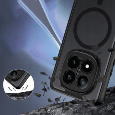 Juodas matinis dėklas Xiaomi Redmi Note 14 Pro Plus 5G su apsauginiu kameros rėmeliu ir MagSafe žiedu