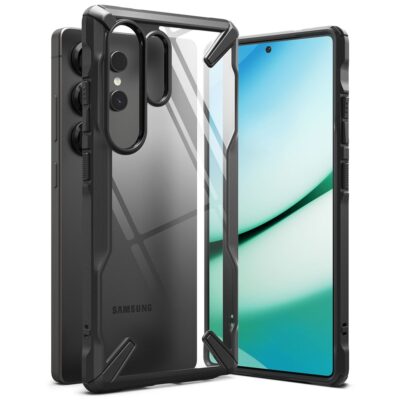 Juodas dėklas Samsung Galaxy S25 Ultra Ringke Fusion X su permatomu nugarėlės skydu ir juodais kampais