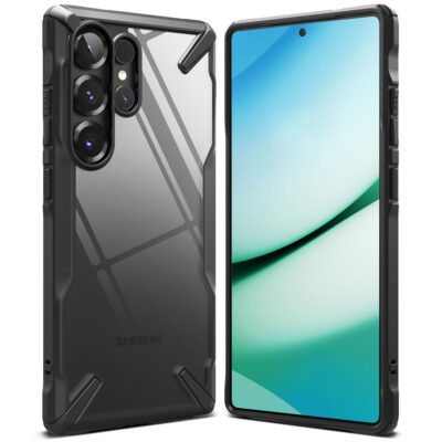 Juodas dėklas Samsung Galaxy S25 Ultra Ringke Fusion X su permatomu nugarėle ir juoda apsauga kraštuose