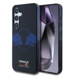 Tamsiai melynas deklo Samsung Galaxy S25 vaizdas su Red Bull dviem buliu dizainu