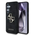 Pilkas originalus dėklas Guess PU 4G Metal Logo telefonui Samsung Galaxy S25 juodas su metaliniu logotipu