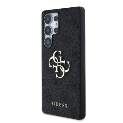 Pilkas originalus deklas Guess PU 4G Metal Logo telefonui Samsung Galaxy S25 Ultra su tekstu ir metaliniu logotipu