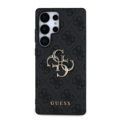 Pilkas originalus dėklas Guess PU 4G Metal Logo telefonui Samsung Galaxy S25 Ultra su metaliniu logotipu