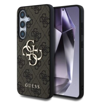 Rudas originalus dėklas Guess PU 4G Metal Logo telefonui Samsung Galaxy S25 Plus su metaliniu logotipu