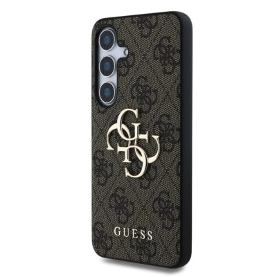 Rudas originalus dėklas Guess PU 4G Metal Logo telefonui Samsung Galaxy S25 Plus su aitvarine tekstūra ir metaliniu logotipu