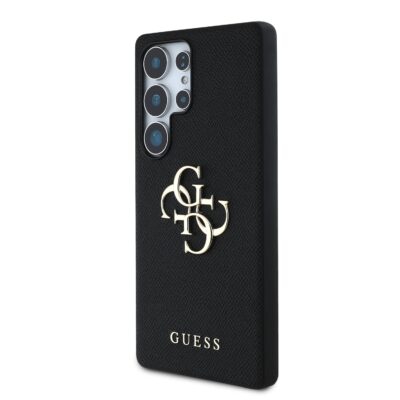 Juodas originalus dėklas Guess PU Grained 4G Metal Logo telefonui Samsung Galaxy S25 Ultra su metaliniu logotipu