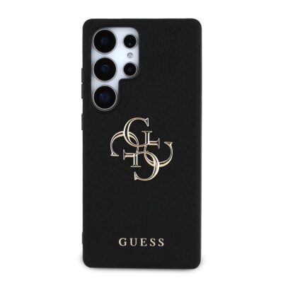 Juodas originalus dėklas Guess PU Grained 4G Metal Logo telefonui Samsung Galaxy S25 Ultra su metaliniu logotipu