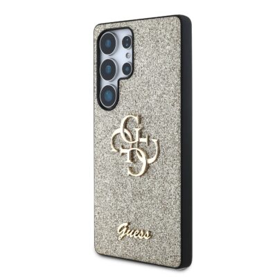 auksinis originalus deklas guess pu fixed glitter 4g metal logo telefonui samsung galaxy s25 ultra blizgus pavirsius