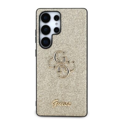 Auksinis originalus deklas Guess PU Fixed Glitter 4G Metal Logo telefonui Samsung Galaxy S25 Ultra