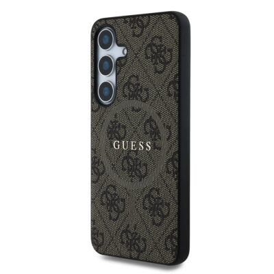 Rudas dėklas Guess PU Leather 4G Colored Ring MagSafe telefonui Samsung Galaxy S25 su logotipo raštu