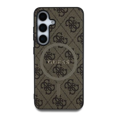 Rudas dėklas Guess PU Leather 4G Colored Ring MagSafe telefonui Samsung Galaxy S25 su raštu ir logotipu