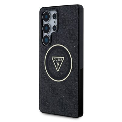 Juodas originalus dėklas Guess IML 4G Glitter and Triangle Logo MagSafe Samsung Galaxy S25 Ultra telefonui