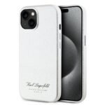 Pilkas dėklas Karl Lagerfeld Grained PU Hotel RSG telefonui Apple iPhone 15 su tekstūruota paviršiaus struktūra