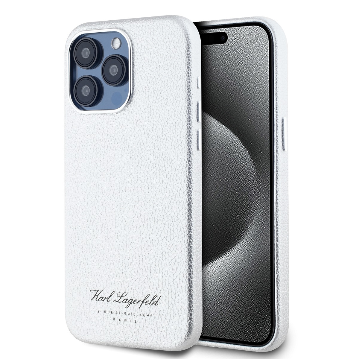 Pilkas dėklas Karl Lagerfeld Grained PU Hotel RSG telefonui Apple iPhone 15 Pro Pilkas dėklas Karl Lagerfeld Grained PU telefonui Apple iPhone 15 Pro su tekstūruotu paviršiumi ir užrašu