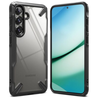 Juodas dėklas Samsung Galaxy S25 Plus su skaidria nugarėle ir juodais kraštais