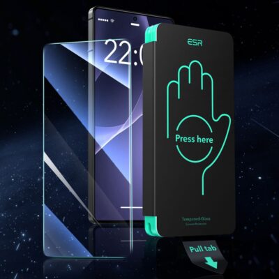 Skaidrus apsauginis ekrano stikliukas Samsung Galaxy S25 Ultra Esr tempered glass 2-pack pakuotėje ir telefonas