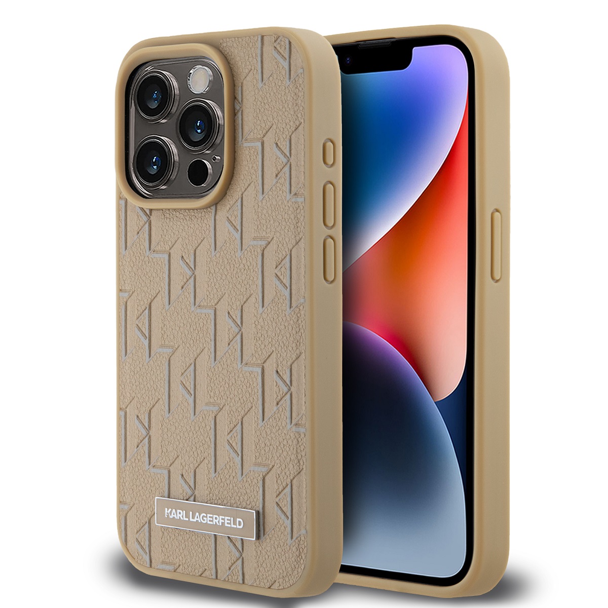 Beige dėklas Karl Lagerfeld PU Leather Monogram Metal Logo MagSafe Beige dėklas Karl Lagerfeld PU odos monogramu su metaliniu logotipu MagSafe telefonui Apple iPhone 15 Pro