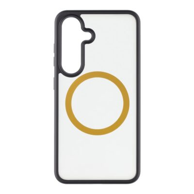 Juodas-geltonas dėklas Samsung Galaxy S25 su apsauga kameros ir geltonu žiedu viduryje