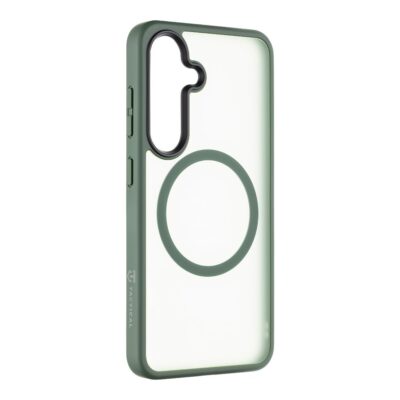 Žalias dėklas Samsung Galaxy S25 Tactical MagForce Hyperstealth su permatomu dugnu ir apvaliu žiedu viduryje