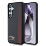 Juodas dėklas Samsung Galaxy S25 Plus Red Bull Carbon Powerbar MagSafe su raudonomis lietvemis ir Oracle logotipu