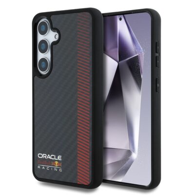 Juodas dėklas Samsung Galaxy S25 Plus Red Bull Carbon Powerbar MagSafe su raudonomis lietvemis ir Oracle logotipu