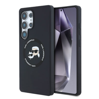 Juodas dėklas Karl Lagerfeld Liquid Silicone telefonui Samsung Galaxy S25 Ultra su logotipu ir kameros išpjova