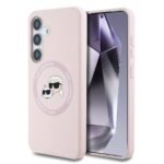 Rožinis dėklas Karl Lagerfeld Liquid Silicone KCH Heads MagSafe telefonui Samsung Galaxy S25 Plus su užrašu ir paveiksliuku