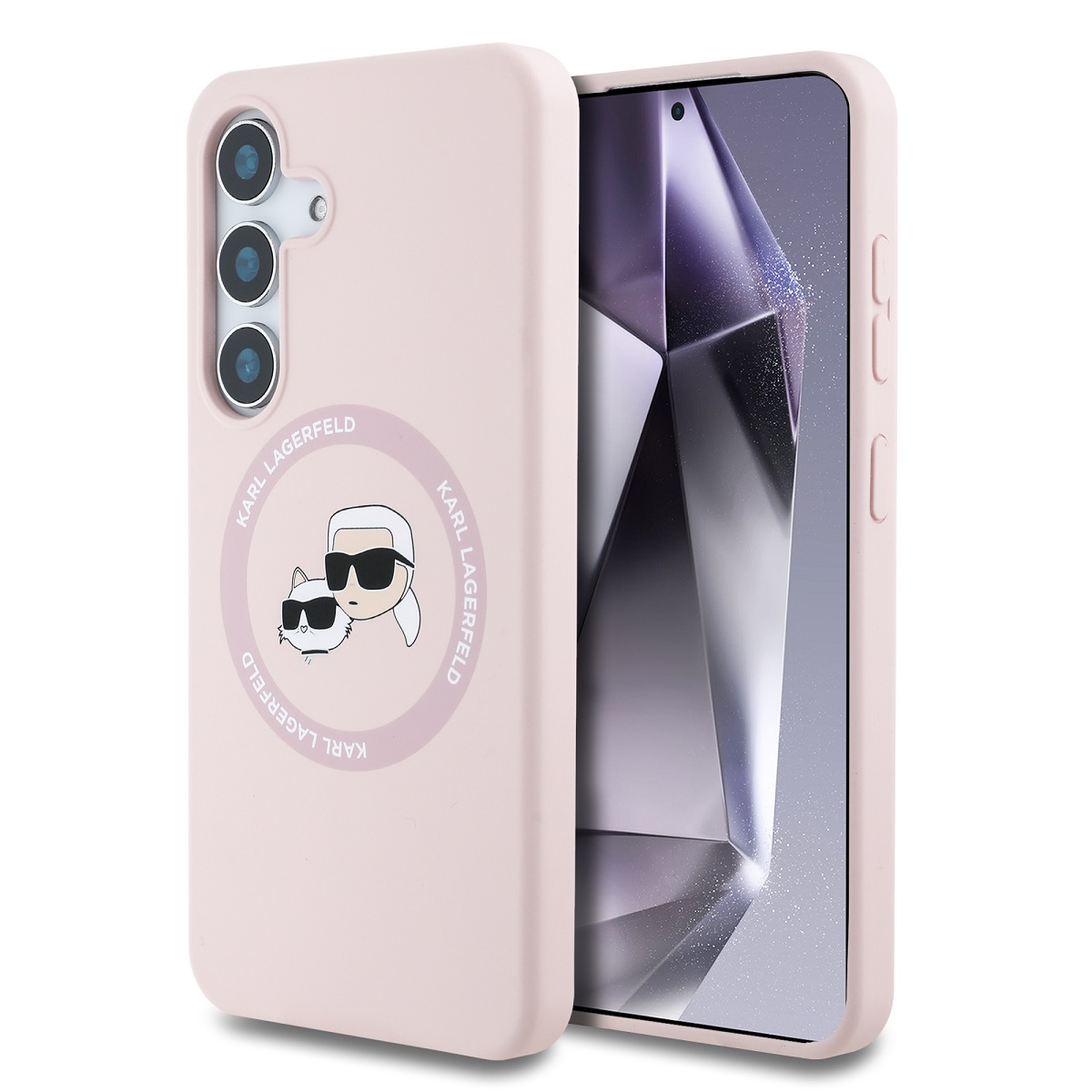 Rožinis dėklas Karl Lagerfeld Liquid Silicone KCH Heads MagSafe Samsung Galaxy S25 Plus Rožinis dėklas Karl Lagerfeld Liquid Silicone KCH Heads MagSafe telefonui Samsung Galaxy S25 Plus su užrašu ir paveiksliuku