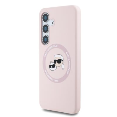 Rožinis dėklas Karl Lagerfeld Liquid Silicone K CH Heads MagSafe telefonui Samsung Galaxy S25 Plus su animaciniu piešiniu