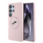 Rozinis deklas Karl Lagerfeld Liquid Silicone KCH Heads MagSafe telefonui Samsung Galaxy S25 Ultra su uzrasu ir paveiksleliu