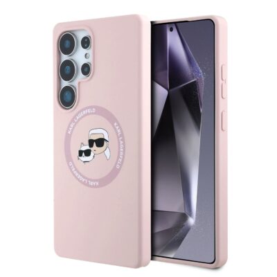 Rozinis deklas Karl Lagerfeld Liquid Silicone KCH Heads MagSafe telefonui Samsung Galaxy S25 Ultra su uzrasu ir paveiksleliu