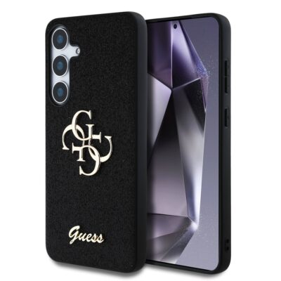 Juodas originalus dėklas Guess su metaliniu 4G logotipu Samsung Galaxy S25 Plus telefonui