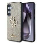 Auksinis originalus deklas Guess PU Fixed Glitter 4G Metal Logo telefonui Samsung Galaxy S25 Plus su blizgiu pavirsiu ir metalo zenkleliu
