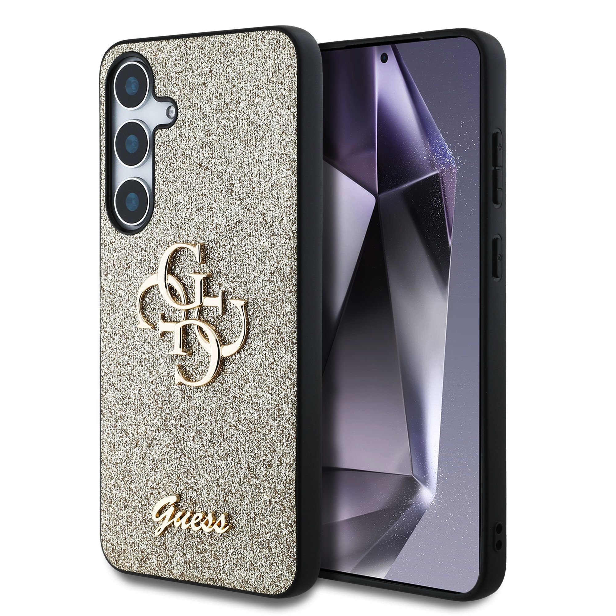 Auksinis originalus deklas Guess PU Fixed Glitter 4G Metal Logo Auksinis originalus deklas Guess PU Fixed Glitter 4G Metal Logo telefonui Samsung Galaxy S25 Plus su blizgiu pavirsiu ir metalo zenkleliu