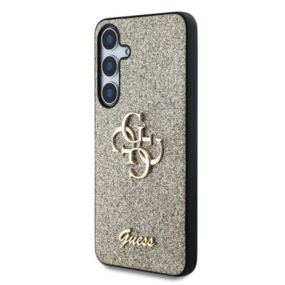 Auksinis originalus dėklas Guess PU Fixed Glitter 4G Metal Logo telefonui Samsung Galaxy S25 Plus su blizgiu paviršiumi