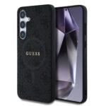 Juodas dėklas Guess PU Leather 4G Colored Ring MagSafe telefonui Samsung Galaxy S25 Plus su tekstūra ir logotipu