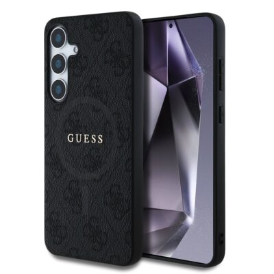 Juodas dėklas Guess PU Leather 4G Colored Ring MagSafe telefonui Samsung Galaxy S25 Plus su tekstūra ir logotipu