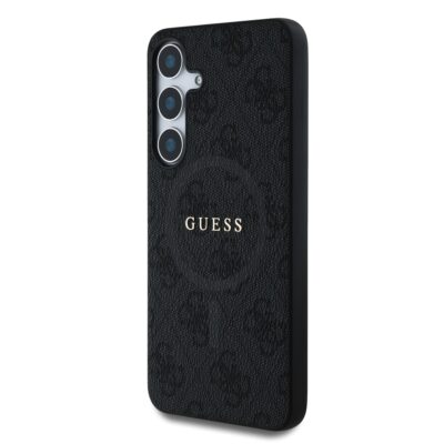 Juodas dėklas Guess PU Leather 4G Colored Ring MagSafe telefonui Samsung Galaxy S25 Plus su matine tekstūra ir logotipu