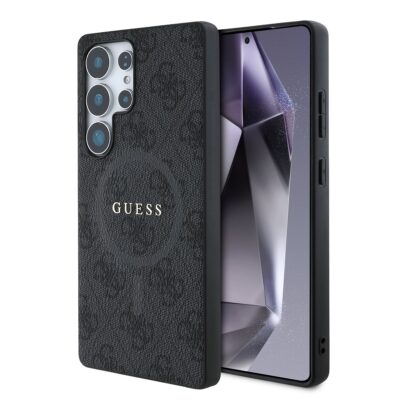 Juodas dėklas Guess PU Leather 4G Colored Ring MagSafe telefonui Samsung Galaxy S25 Ultra su tekstūra ir magnetiniu žiedu