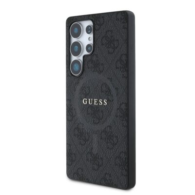 Juodas dėklas Guess Pu Leather 4G Colored Ring MagSafe telefonui Samsung Galaxy S25 Ultra su tekstūruota oda ir logotipu