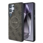 rudas deklas Guess PU Leather 4G Colored Ring MagSafe telefonui Samsung Galaxy S25 Ultra su raistis ir tekstura
