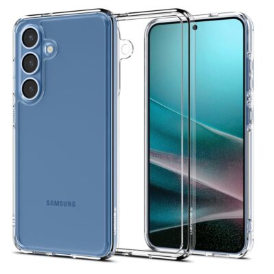 Skaidrus dėklas Samsung Galaxy S25 Spigen Ultra Hybrid su matomu mėlynu telefonu
