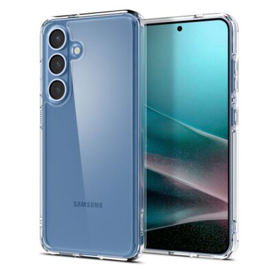 Skaidrus dėklas Samsung Galaxy S25 Spigen Ultra Hybrid matomas ant mėlyno telefono su trimis kameromis