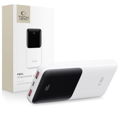 Balta isorine baterija TECH-PROTECT PB01 Power Bank 10000mAh su skaitmeniniu energijos kieko rodmeniu