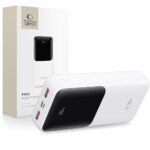 Balta isorine baterija TECH-PROTECT PB02 POWER BANK 20000MAH 22.5W su raudonomis isejimo jungtimis ir skaitmeniniu ekranu