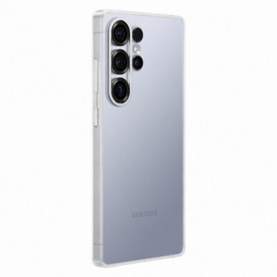 Skaidrus originalus dėklas EF-QS938CTE Clear Cover telefonui Samsung Galaxy S25 Ultra ant pilko telefono su keturiomis kameros lęšių dalimis