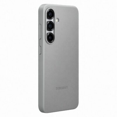 Pilkas originalus dezklas EF-VS931PJE KindSuit Cover telefonui Samsung Galaxy S25 su trimis juodais kamerų objektyvais ir Samsung logotipu