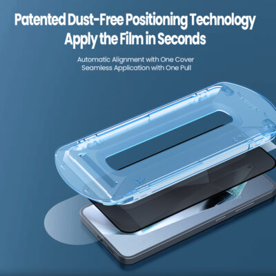 Juodas apsauginis ekrano stikliukas Samsung Galaxy S25 Plus Nillkin Tempered Glass 0.25mm Guardian 2.5D ant telefono su diegimo pagalba.