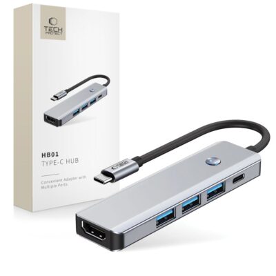 Pilkas adapteris TECH-PROTECT HB01 HUB ADAPTER 5IN1 su HDMI, USB3.0 ir Type-C jungtimis